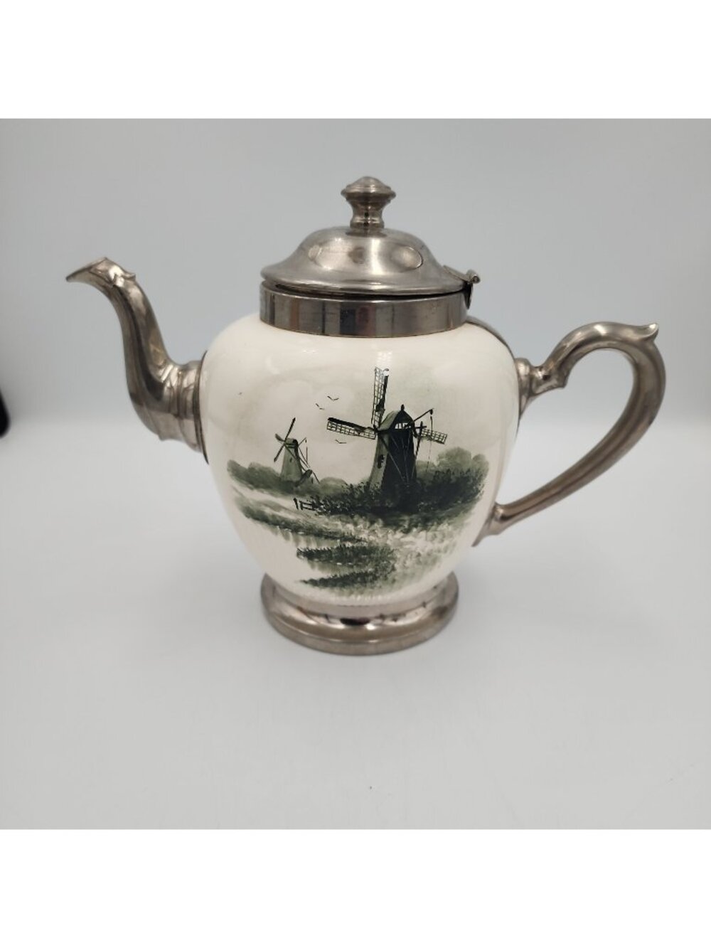 Vintage Ceramic & Silver Tea Pot Green Transferware Made In Germany 1 1/3L